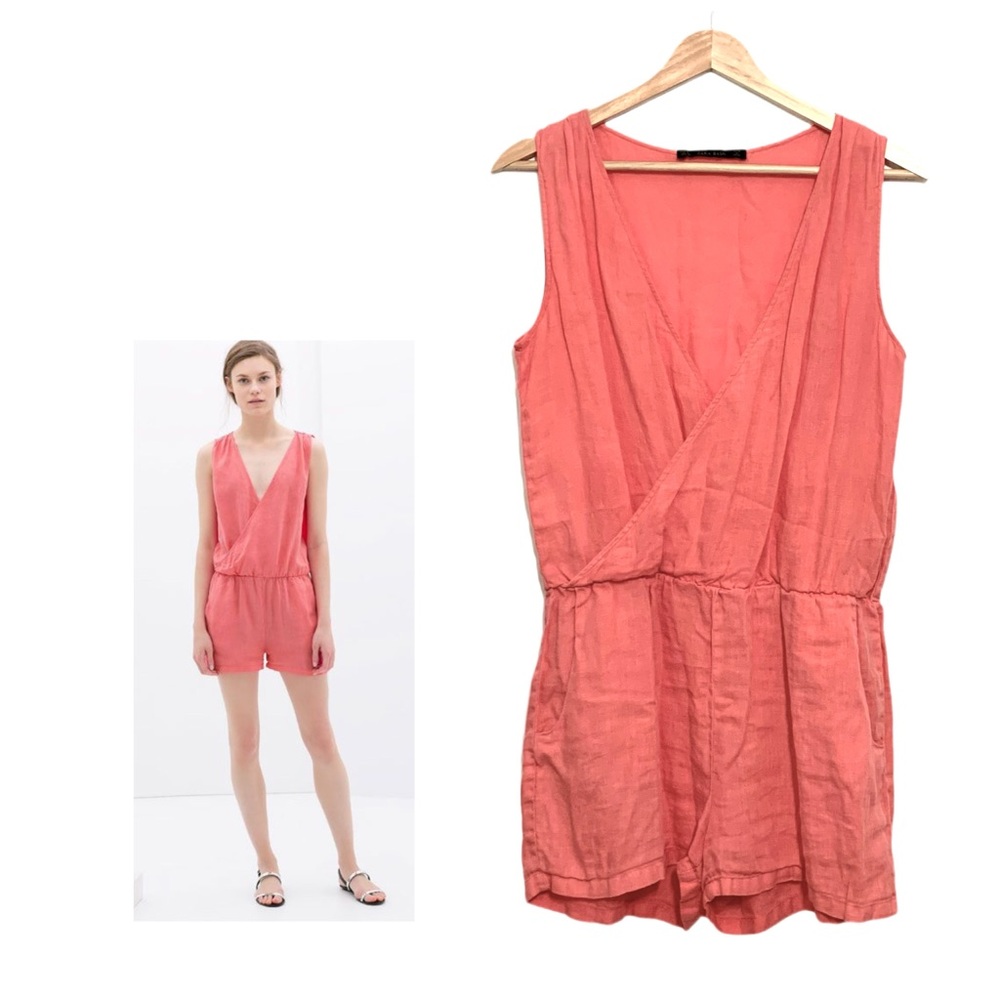 Zara Basics Coral Linen Romper Size Small V-Neck Sleeveless Casual